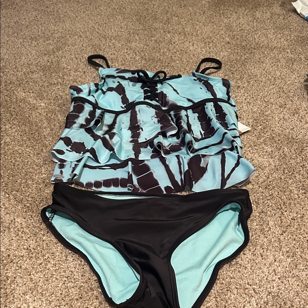 Justice Teal and Black Ruffle Tankini Swim Set